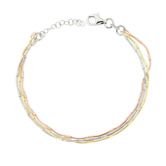 Dreifädiges Armband mit Mäuseschwanzkette und diamantierten Zylindern, aus Silber 925, rhodiniert, Gold- und Roségoldbeschichtung - MeinSchmuckShop