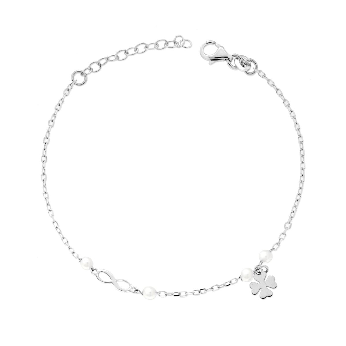 Diamantierte Forzatina-Kette mit Unendlichkeitssymbol und Vierblättrigem Kleeblatt sowie Perle aus 925er Silber, rhodiniert - MeinSchmuckShop