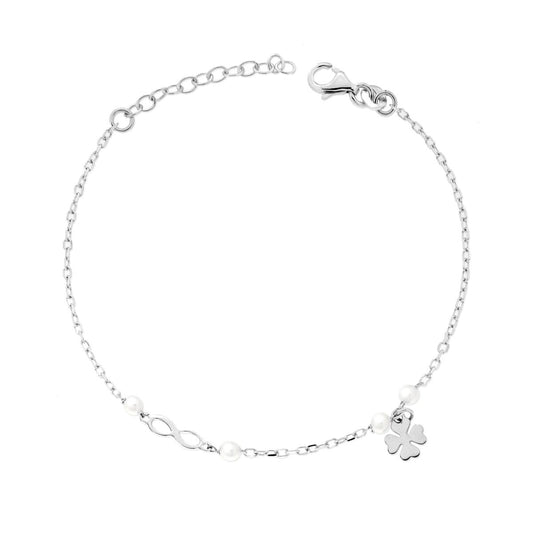 Diamantierte Forzatina-Kette mit Unendlichkeitssymbol und Vierblättrigem Kleeblatt sowie Perle aus 925er Silber, rhodiniert - MeinSchmuckShop