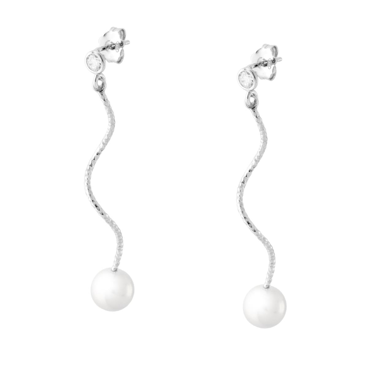 Lange Ohrringe mit Lichtpunkt Cubic Zirconia Weiß, Ricciolo und Perle aus rhodiniertem 925er Silber - MeinSchmuckShop