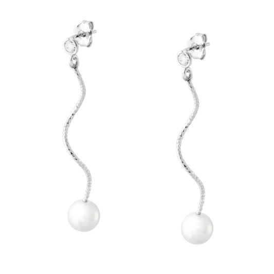 Lange Ohrringe mit Lichtpunkt Cubic Zirconia Weiß, Ricciolo und Perle aus rhodiniertem 925er Silber - MeinSchmuckShop