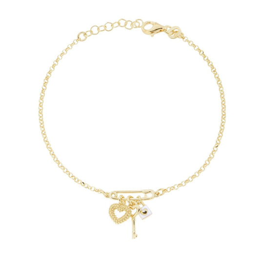 Diamantiertes Rolo-Kettenarmband mit Spange, Herz, Schlüssel und Vorhängeschloss mit weißem Emaille, aus 925er Silber, Gold galvanisiert - MeinSchmuckShop