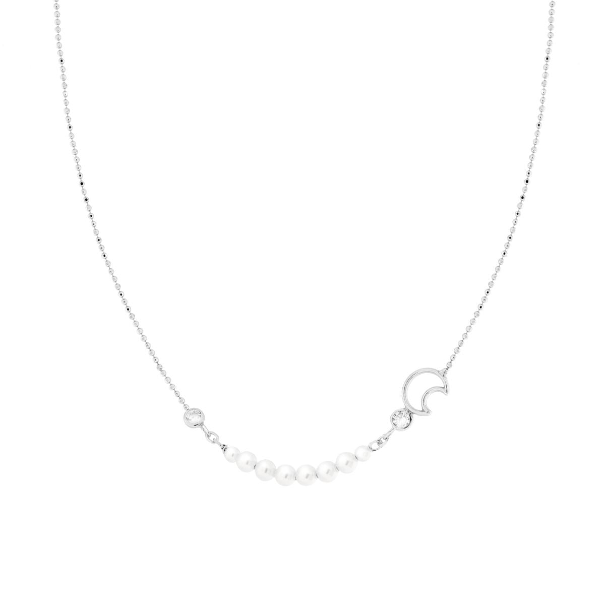 Kette mit diamantierten Kugeln, Mond-Cubic-Zirconia, weißen Zirkonia und Perlen aus 925er Silber galvanisch rhodiniert. - MeinSchmuckShop