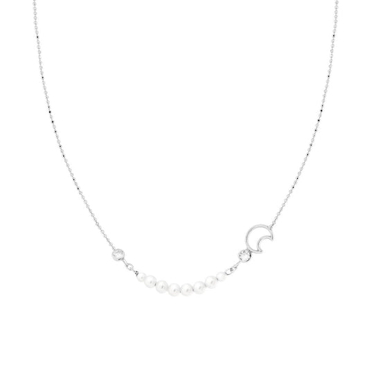 Kette mit diamantierten Kugeln, Mond-Cubic-Zirconia, weißen Zirkonia und Perlen aus 925er Silber galvanisch rhodiniert. - MeinSchmuckShop