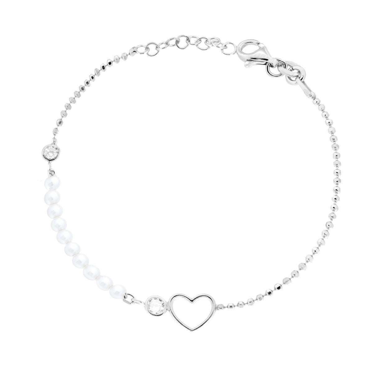 Armband-Kette mit diamantierten Kugeln, mit weißem Cubic-Zirkonia-Herz und Perle aus 925er Silber, rhodiniert - MeinSchmuckShop