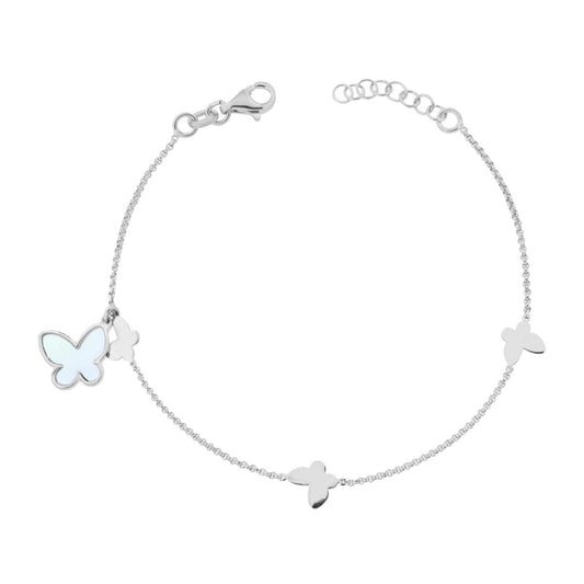Armband mit diamantierter Rolo-Kette, Schmetterlingen und Perlmutt, aus Silber 925, galvanisch rhodiniert. - MeinSchmuckShop