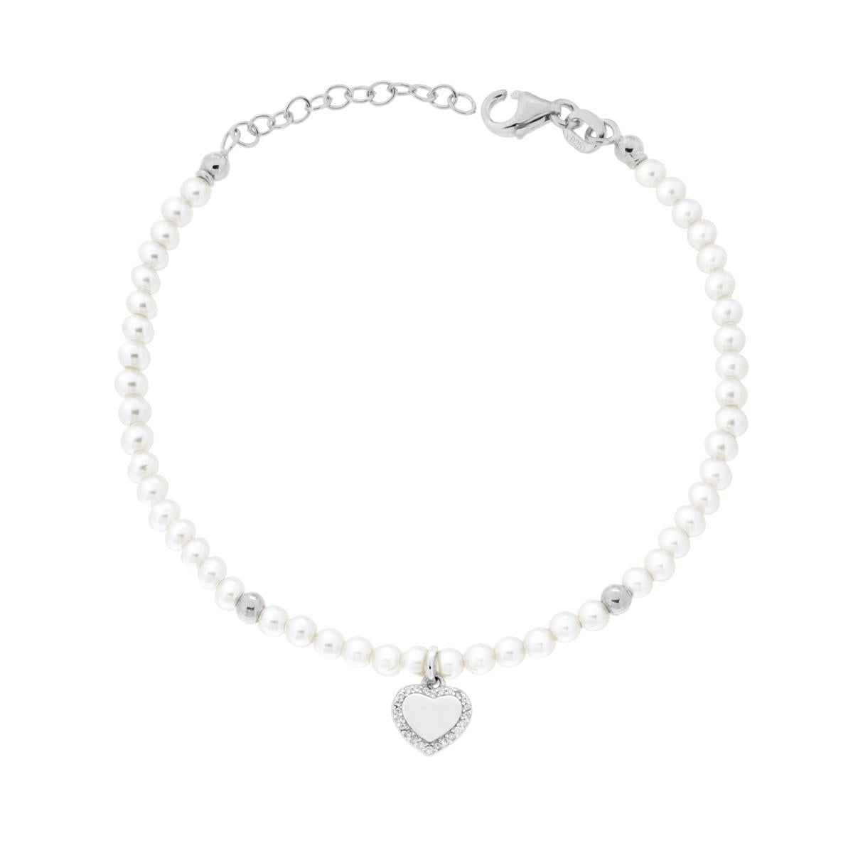 Armband aus weißer Perle, Faden, aus perlglänzendem Glas, mit Herz und weißen Zirkonias, 925er Silber rhodiniert - MeinSchmuckShop