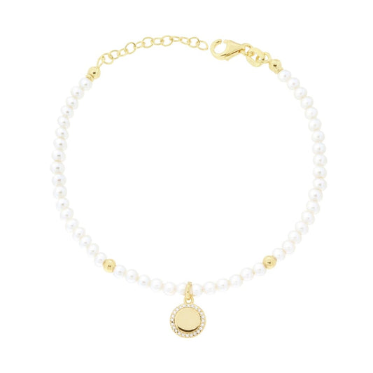 Armband aus weißer Perle, Faden, aus perlglasigem Glas mit runden Steinen und weißen Cubic Zirconia, in 925er Silber, goldfarben galvanisch beschichtet - MeinSchmuckShop