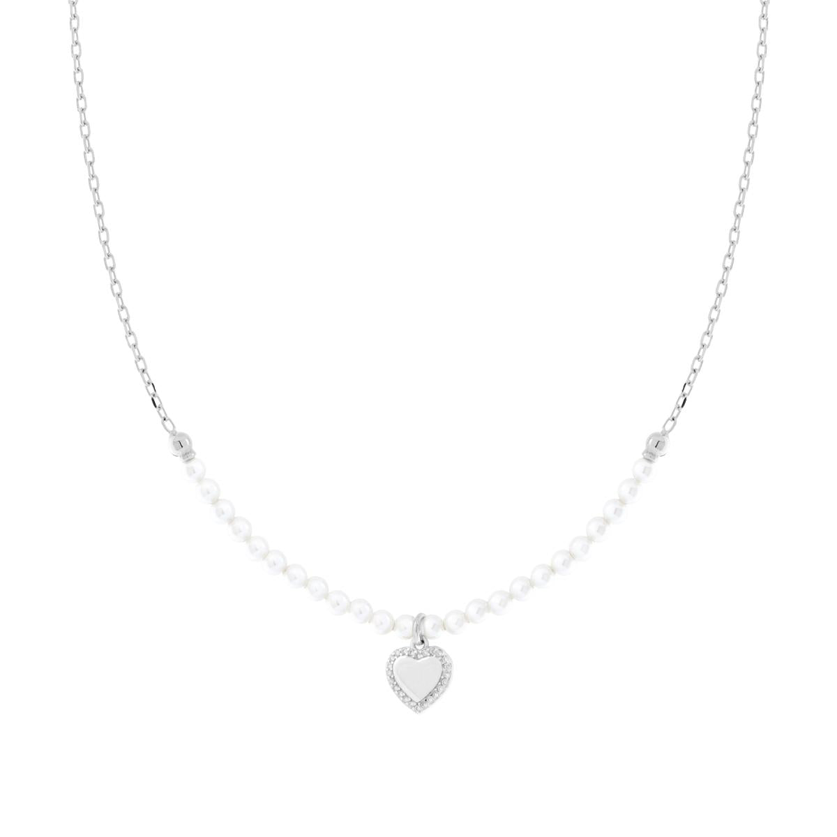 Collier mit diamantierter Forzatina-Kette und weißem Perlenfaden aus glasperlendem Glas, mit Herz und weißen Cubic Zirconia in 925er Silber rhodiniert - MeinSchmuckShop