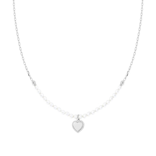 Collier mit diamantierter Forzatina-Kette und weißem Perlenfaden aus glasperlendem Glas, mit Herz und weißen Cubic Zirconia in 925er Silber rhodiniert - MeinSchmuckShop