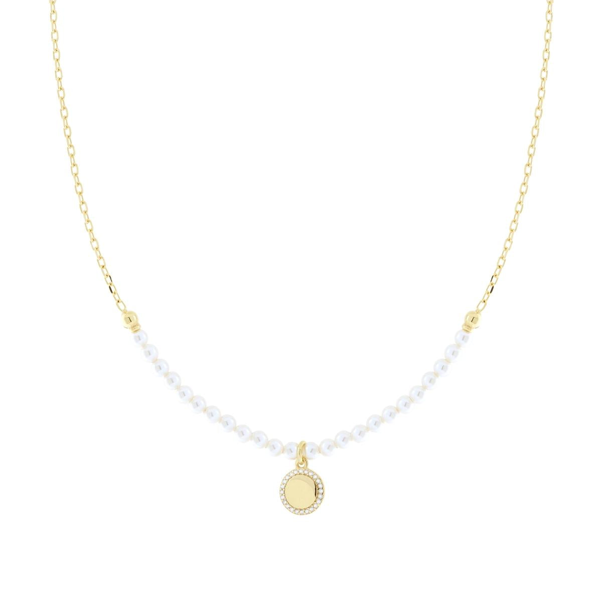 Kette mit diamantierter Forzatina-Kette und weißem Perlfaden aus glasierter Perlmuttoptik, mit Rundstein und weißen Cubic Zirconia, aus Silber 925 galvanisch Gold beschichtet - MeinSchmuckShop