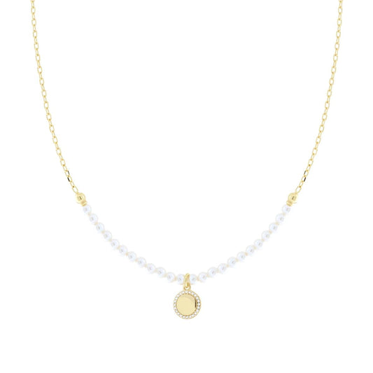 Kette mit diamantierter Forzatina-Kette und weißem Perlfaden aus glasierter Perlmuttoptik, mit Rundstein und weißen Cubic Zirconia, aus Silber 925 galvanisch Gold beschichtet - MeinSchmuckShop
