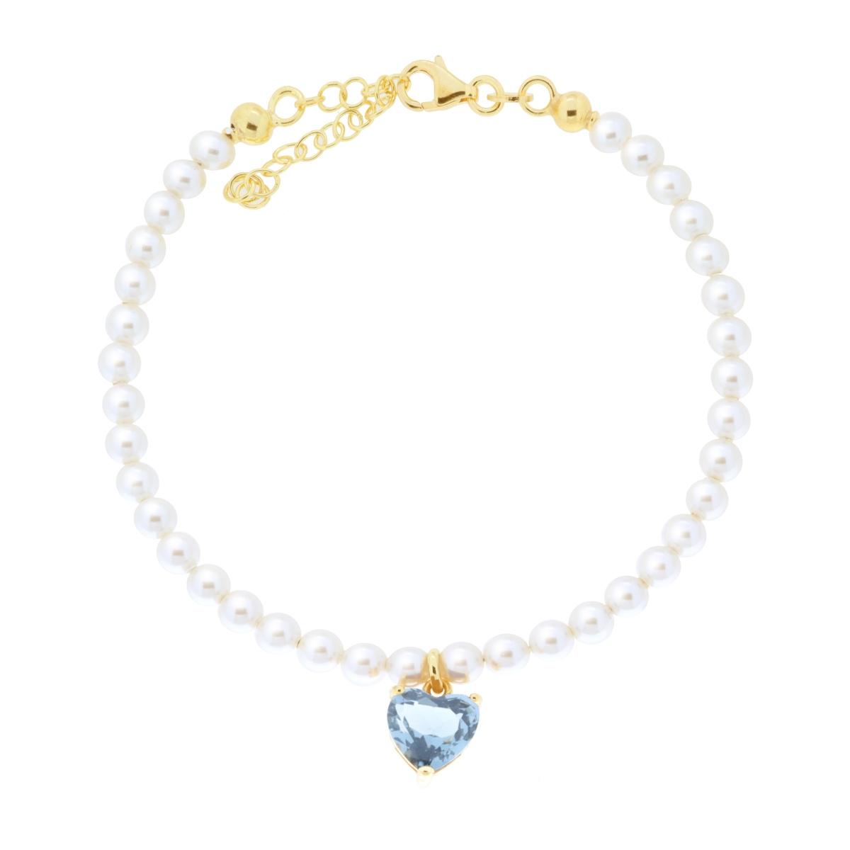 Armband Perlenschnur mit Herz aus Cubic Zirconia Aquamarin in Silber 925, Gold galvanisiert - MeinSchmuckShop