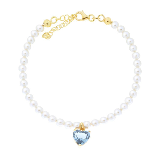 Armband Perlenschnur mit Herz aus Cubic Zirconia Aquamarin in Silber 925, Gold galvanisiert - MeinSchmuckShop