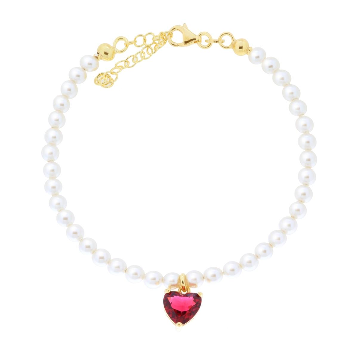 Armband mit Perlendraht, Herz aus Cubic Zirconia Rubinrot, in Silber 925, goldgalvanisiert - MeinSchmuckShop