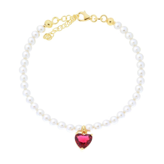 Armband mit Perlendraht, Herz aus Cubic Zirconia Rubinrot, in Silber 925, goldgalvanisiert - MeinSchmuckShop