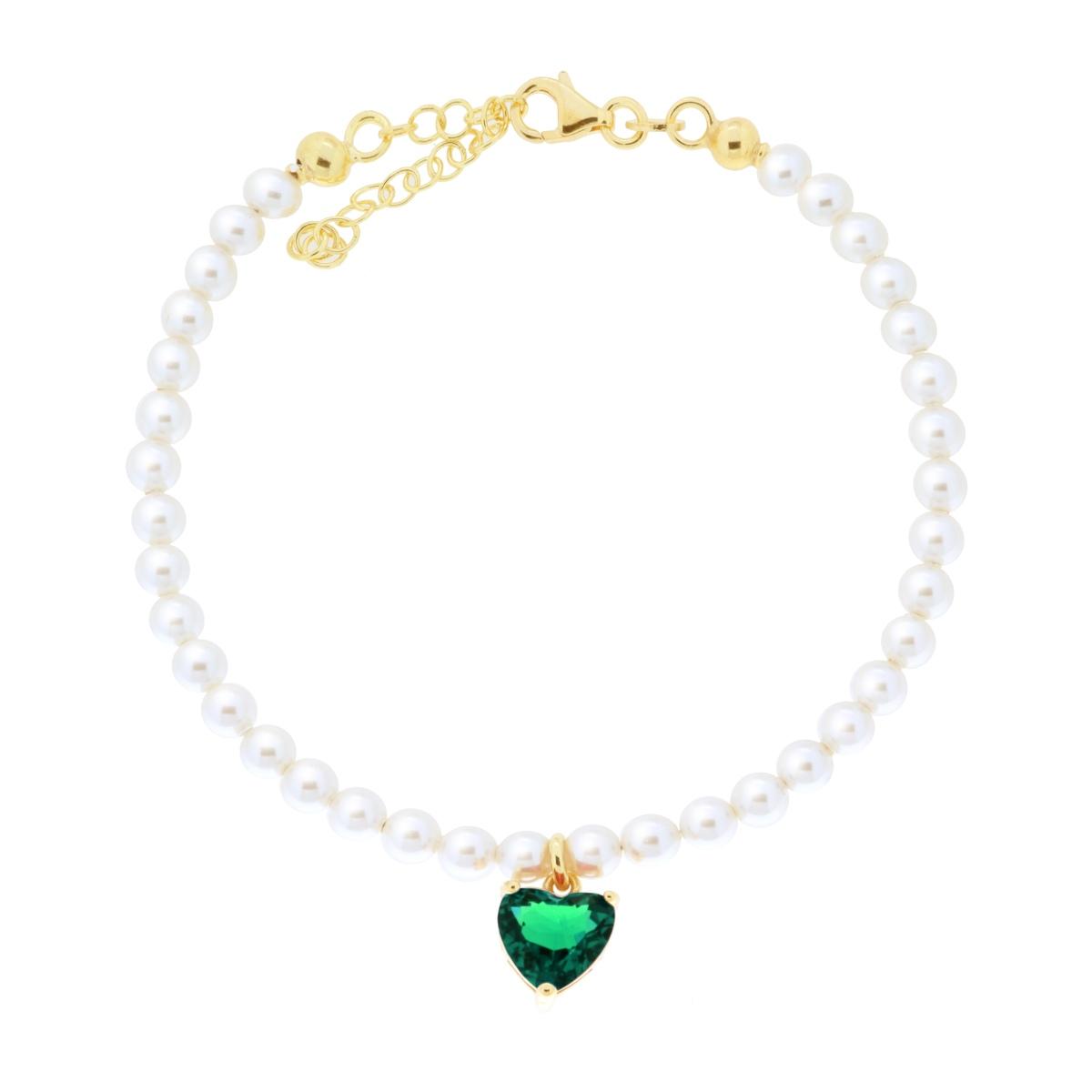Armband aus Perlenfaden mit Herz aus Cubic Zirconia in Smaragdgrün, 925er Silber, galvanisch vergoldet - MeinSchmuckShop