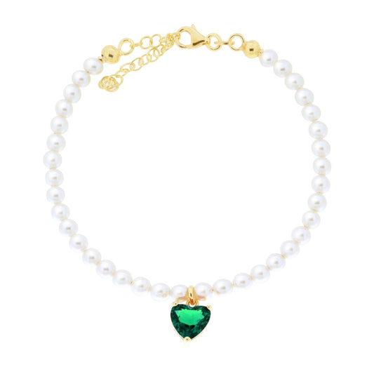 Armband aus Perlenfaden mit Herz aus Cubic Zirconia in Smaragdgrün, 925er Silber, galvanisch vergoldet - MeinSchmuckShop