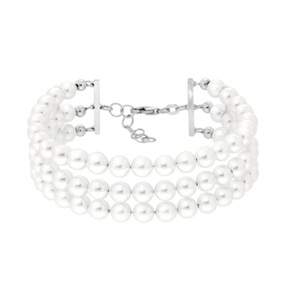 Armband mit drei Strängen, weiße Perle, 6 mm, aus perlglänzendem Glas, in 925er Silber rhodiniert - MeinSchmuckShop