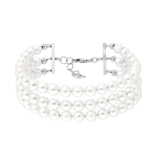 Armband mit drei Strängen, weiße Perle, 6 mm, aus perlglänzendem Glas, in 925er Silber rhodiniert - MeinSchmuckShop