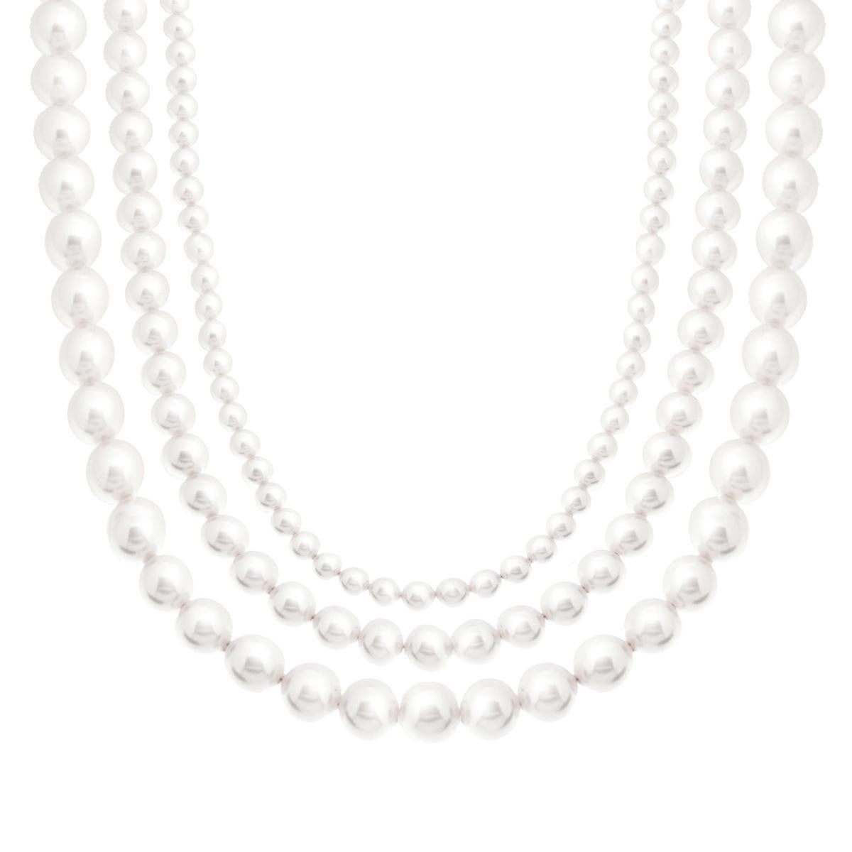 Kette mit drei Strängen, weiße Perle, 4/6/8 mm, aus perlglasiertem Glas, Silber 925, Rhodium-Galvanik - MeinSchmuckShop