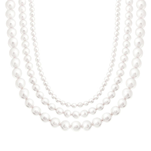 Kette mit drei Strängen, weiße Perle, 4/6/8 mm, aus perlglasiertem Glas, Silber 925, Rhodium-Galvanik - MeinSchmuckShop