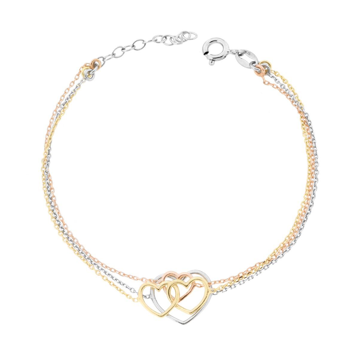 Armband mit drei Strängen, Forzatina-Kette, diamantiert, mit Herzen, aus 925er Silber, Rhodiobeschichtung, Gold- und Roségoldbeschichtung - MeinSchmuckShop