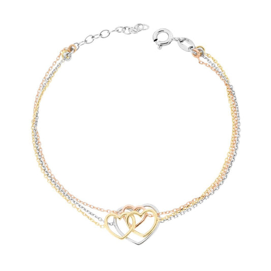 Armband mit drei Strängen, Forzatina-Kette, diamantiert, mit Herzen, aus 925er Silber, Rhodiobeschichtung, Gold- und Roségoldbeschichtung - MeinSchmuckShop