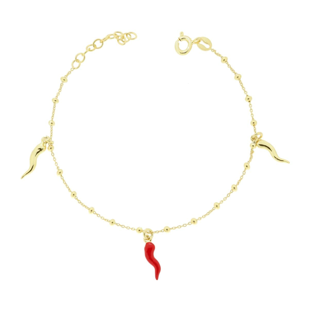 Armband mit diamantierter Forzatina-Kette, mit roten emaillierten Hornperlen, hängend in Silber 925, galvanisiert Gold - MeinSchmuckShop