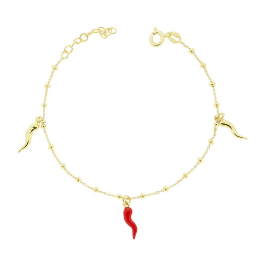 Armband mit diamantierter Forzatina-Kette, mit roten emaillierten Hornperlen, hängend in Silber 925, galvanisiert Gold - MeinSchmuckShop