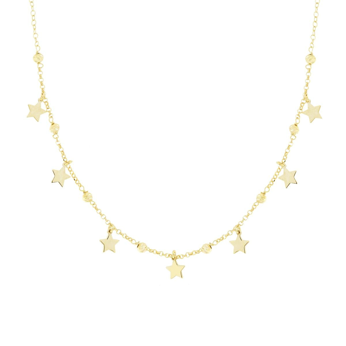 Rolo-Kette mit diamantierten Kugeln und Sternen, flach hängend, aus 925er Silber, vergoldet - MeinSchmuckShop