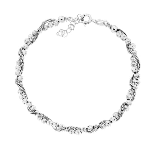 Armband aus zwei Strängen einer Mouse-Tail-Kette, quadratisch geflochten, mit diamantierten Kugeln, aus 925er Sterlingsilber, rhodiniert. - MeinSchmuckShop