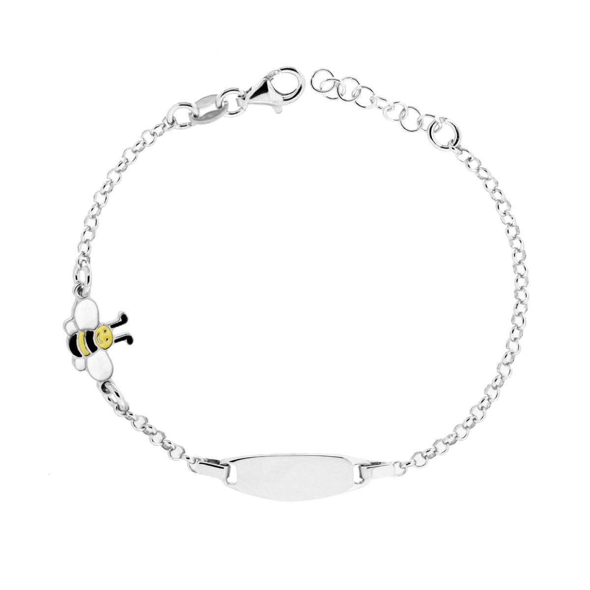 Armband für Jungen und Mädchen, ovales Schildchen mit Rolo-Kette, diamantiert, Biene, Emaille Gelb und Weiß, aus 925er Silber, rhodiumbeschichtet - MeinSchmuckShop