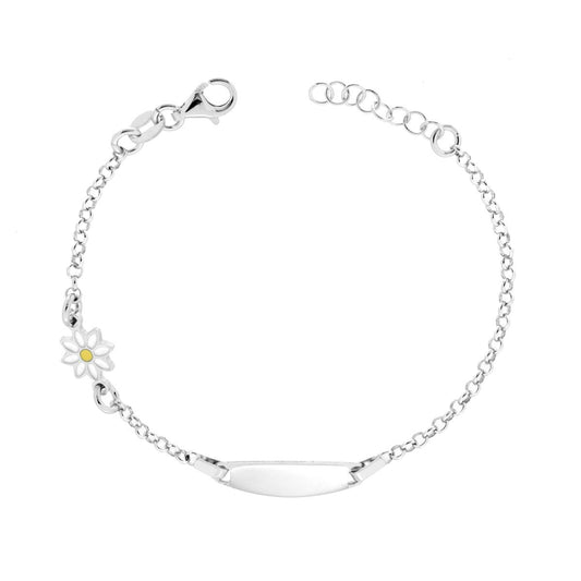 Armband für Jungen und Mädchen, ovales Schildchen mit diamantierter Rolo-Kette und Blume aus Gelb- und Weißemaille, aus Silber 925, rhodiniert galvanisch - MeinSchmuckShop