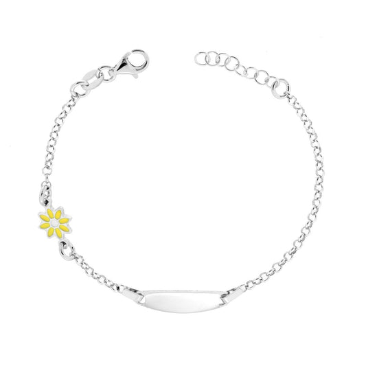 Kinderarmband mit ovaler Plakette, rolo-Kette, diamantiert, und Blume, lackiert/emalsgelb und -weiß, aus Silber 925, rhodiniert galvanisch - MeinSchmuckShop