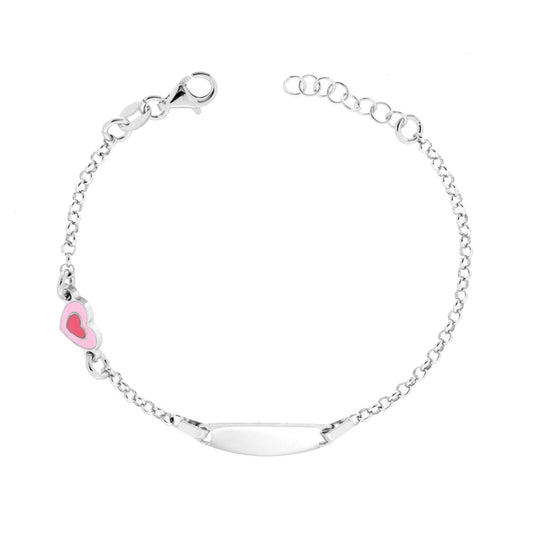 Kinderarmband mit ovaler Plakette, diamantierte Rolo-Kette und Herz mit Rosa- und Fuchsia-Emaille aus 925er Silber, galvanisch rhodiniert - MeinSchmuckShop