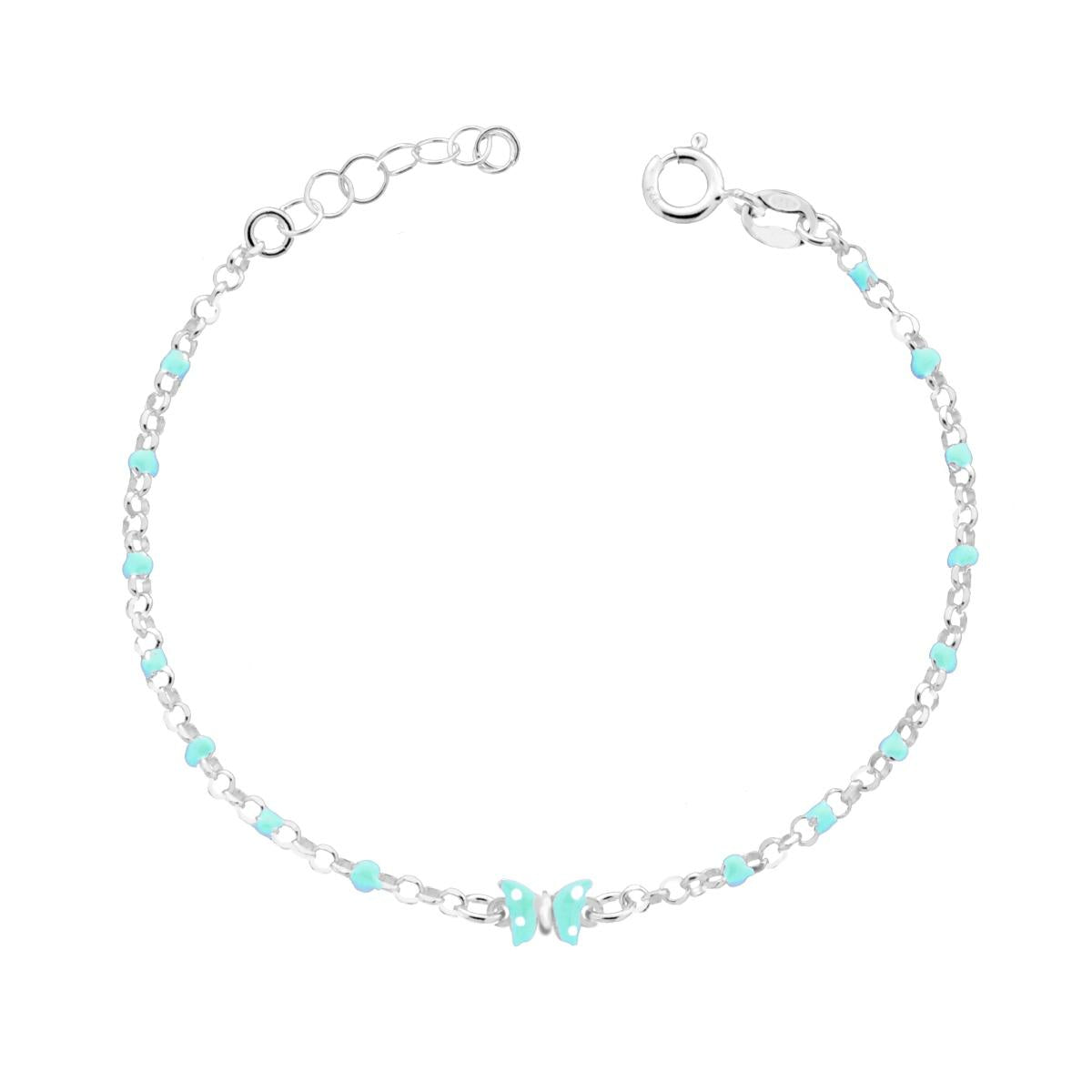 Kinderarmband, Rolo-Kette, diamantiert, mit Schmetterling, grünem und weißem Emaille, 925er Silber - MeinSchmuckShop