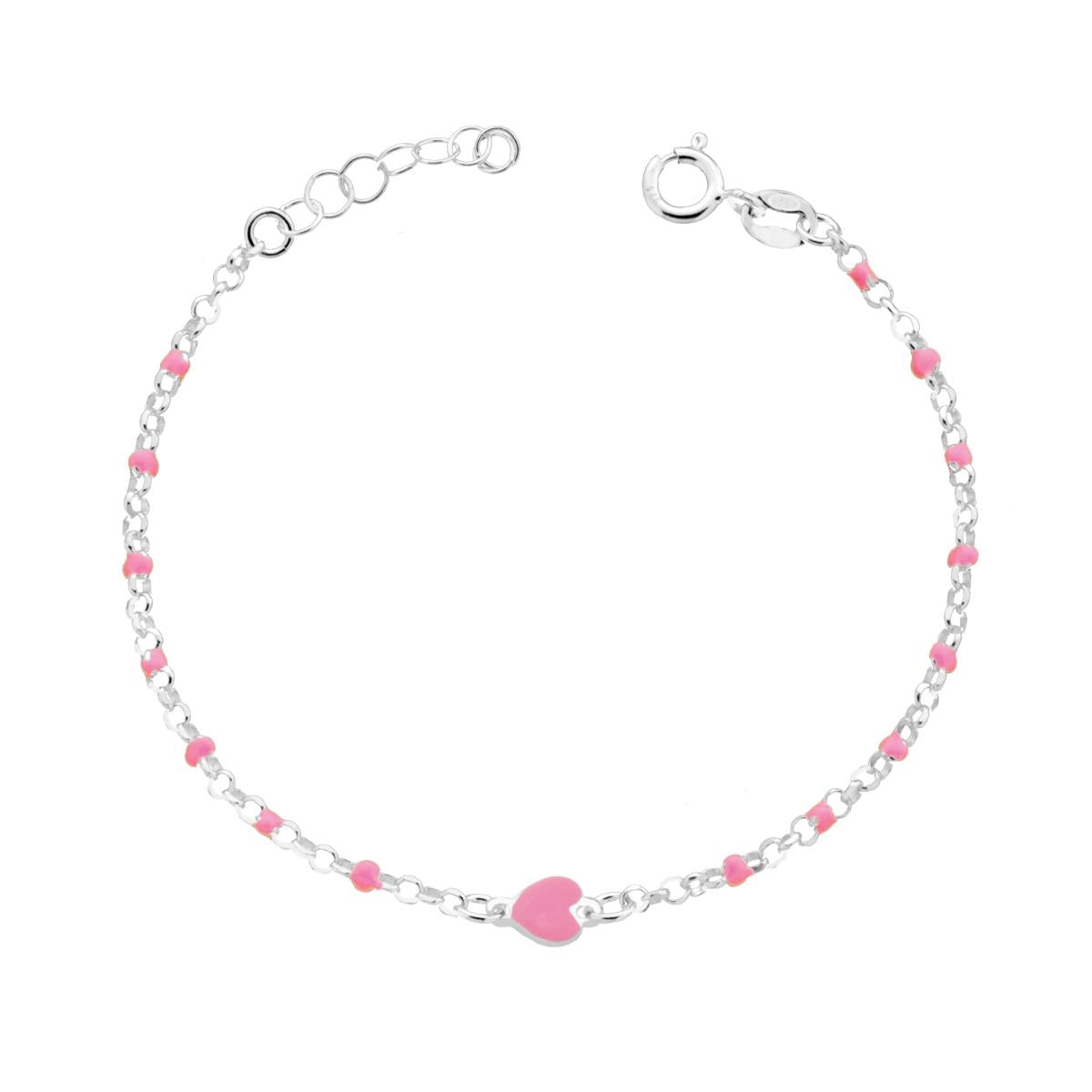Kinderarmband für Jungen und Mädchen – Rolo-Kette diamantiert mit Herz, rosa Emaille, Silber 925 - MeinSchmuckShop