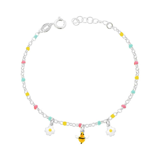 Armband für Jungen und Mädchen, Rolo-Kette, diamantiert, mit Biene und Blüten, mehrfarbige Emaille, aus 925er Silber - MeinSchmuckShop