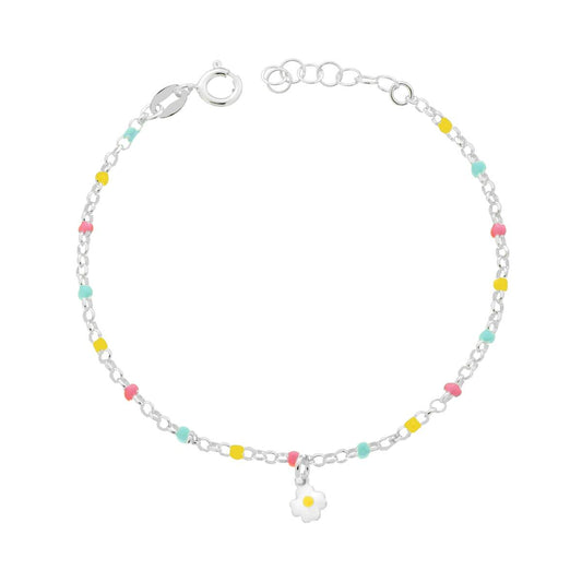 Kinderarmband mit Rolo-Kette, diamantiert, mit Blume, mehrfarbige Emaille, Silber 925 - MeinSchmuckShop