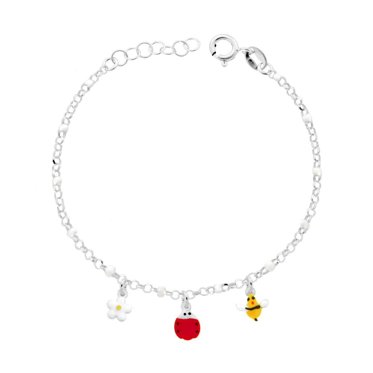 Kinderarmband mit Rolo-Kette, diamantiert, mit Biene, Marienkäfer und Blume, mehrfarbig emailliert, aus Sterlingsilber 925 - MeinSchmuckShop