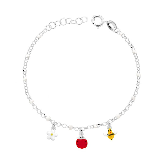 Kinderarmband mit Rolo-Kette, diamantiert, mit Biene, Marienkäfer und Blume, mehrfarbig emailliert, aus Sterlingsilber 925 - MeinSchmuckShop