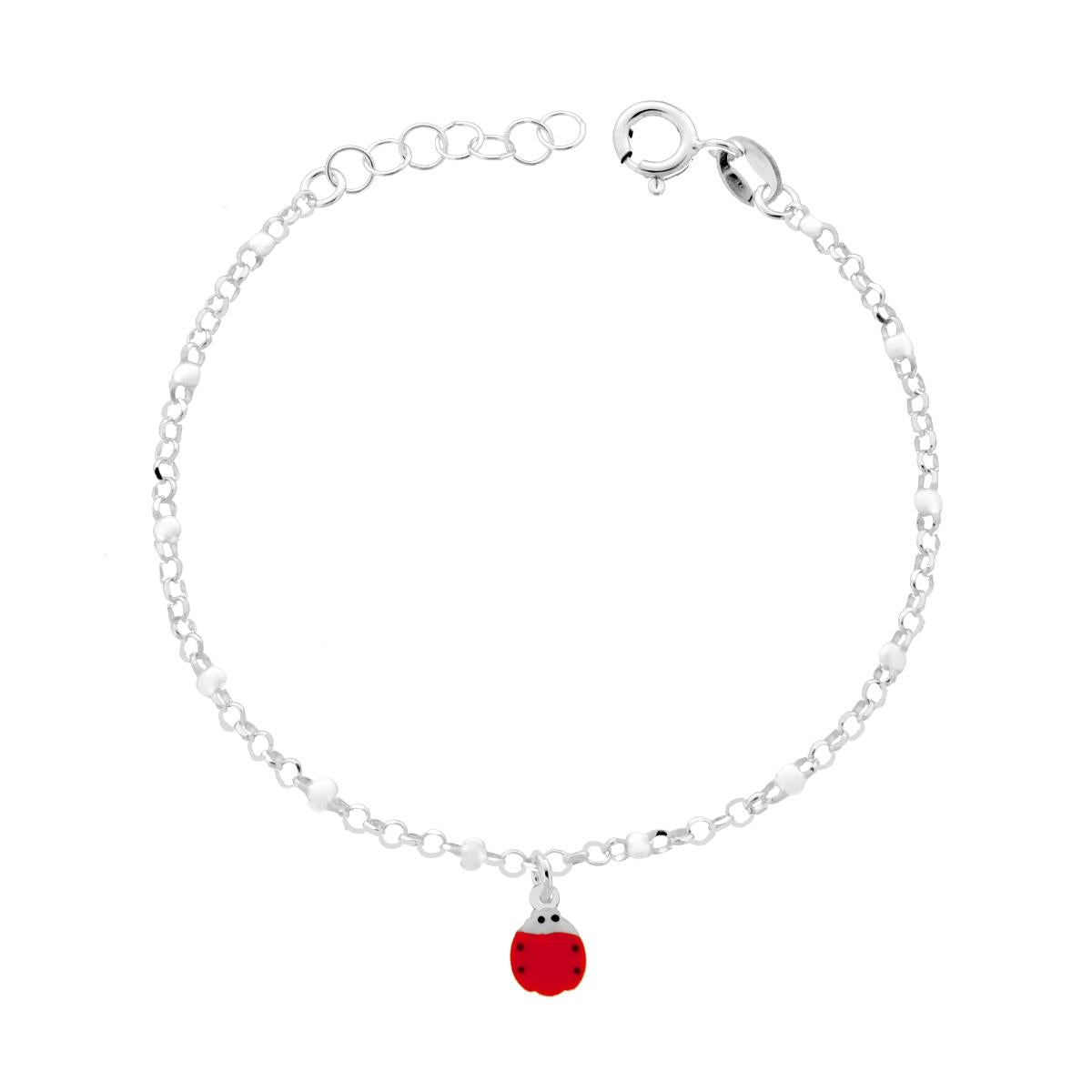 Kinderarmband: Rolo-Kette, diamantiert, mit rot-weißer emaillierter Marienkäfer aus 925er Silber - MeinSchmuckShop