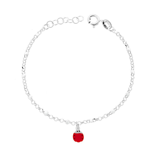 Kinderarmband: Rolo-Kette, diamantiert, mit rot-weißer emaillierter Marienkäfer aus 925er Silber - MeinSchmuckShop