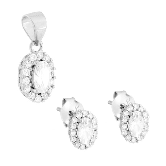 Schmuckset mit Ohrringen und ovalem weißen Anhänger, umrahmt von weißen Cubic Zirconia, aus 925er Silber rhodiniert. - MeinSchmuckShop