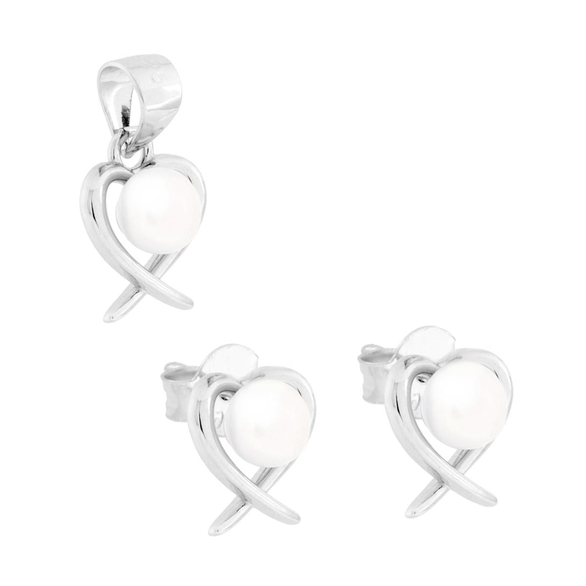 Schmuckset Ohrringe und Anhänger Herz mit Perle und weißen Cubic Zirconia aus 925er Silber rhodiniert - MeinSchmuckShop