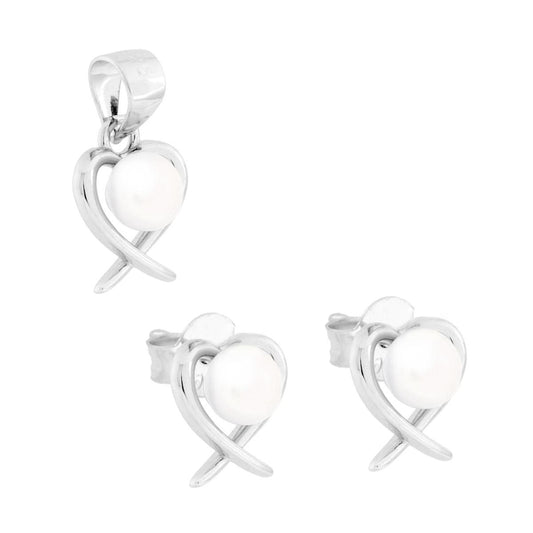 Schmuckset Ohrringe und Anhänger Herz mit Perle und weißen Cubic Zirconia aus 925er Silber rhodiniert - MeinSchmuckShop