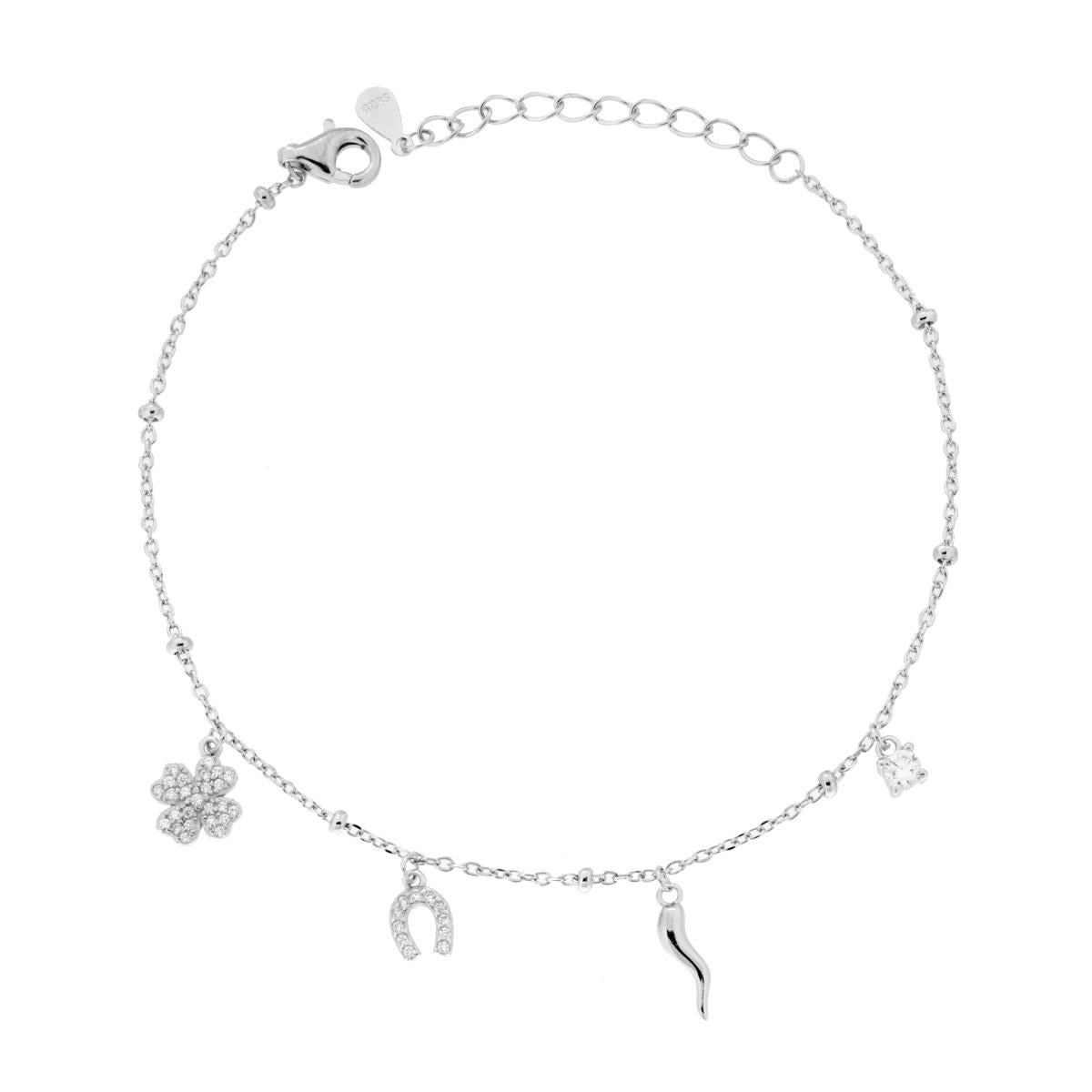 Forzatina-Kettenarmband diamantiert mit Hufeisen aus Eisen und Vierblättrigem Kleeblatt mit weißen Cubic Zirconia, 925er Silber rhodiniert - MeinSchmuckShop