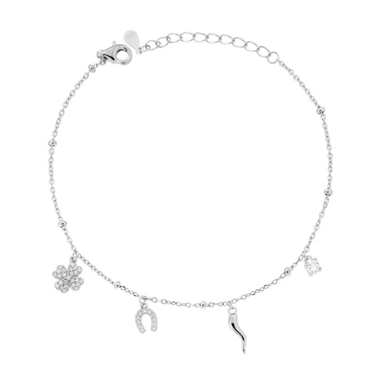 Forzatina-Kettenarmband diamantiert mit Hufeisen aus Eisen und Vierblättrigem Kleeblatt mit weißen Cubic Zirconia, 925er Silber rhodiniert - MeinSchmuckShop