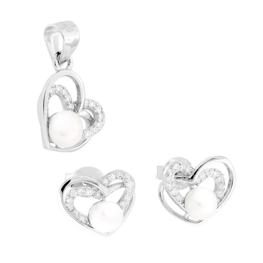 Schmuckset Ohrringe und Anhänger Herzen mit Perle und weißen Cubic Zirconia in 925er Silber rhodiniert. - MeinSchmuckShop